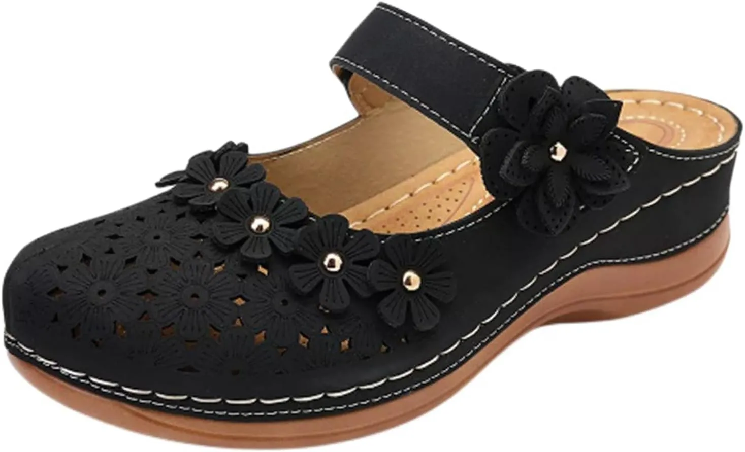 Womens Summer Slipper PU Leather Comfort Mules Outdoor Beach Shoes Vintage Antil Slip Wedge Flowers Sandals Clogs SandalsWidth Mesh Slippers Breathable Walking Sneakers Slip-On Back Mule