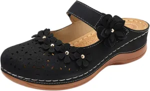 Womens Summer Slipper PU Leather Comfort Mules Outdoor Beach Shoes Vintage Antil Slip Wedge Flowers Sandals Clogs SandalsWidth Mesh Slippers Breathable Walking Sneakers Slip-On Back Mule
