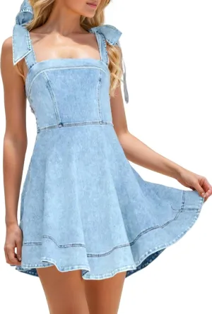 Women’s Summer Tie Shoulder Sleeveless Denim Mini Dress Ruffle A Line Swing Short Denim Dress
