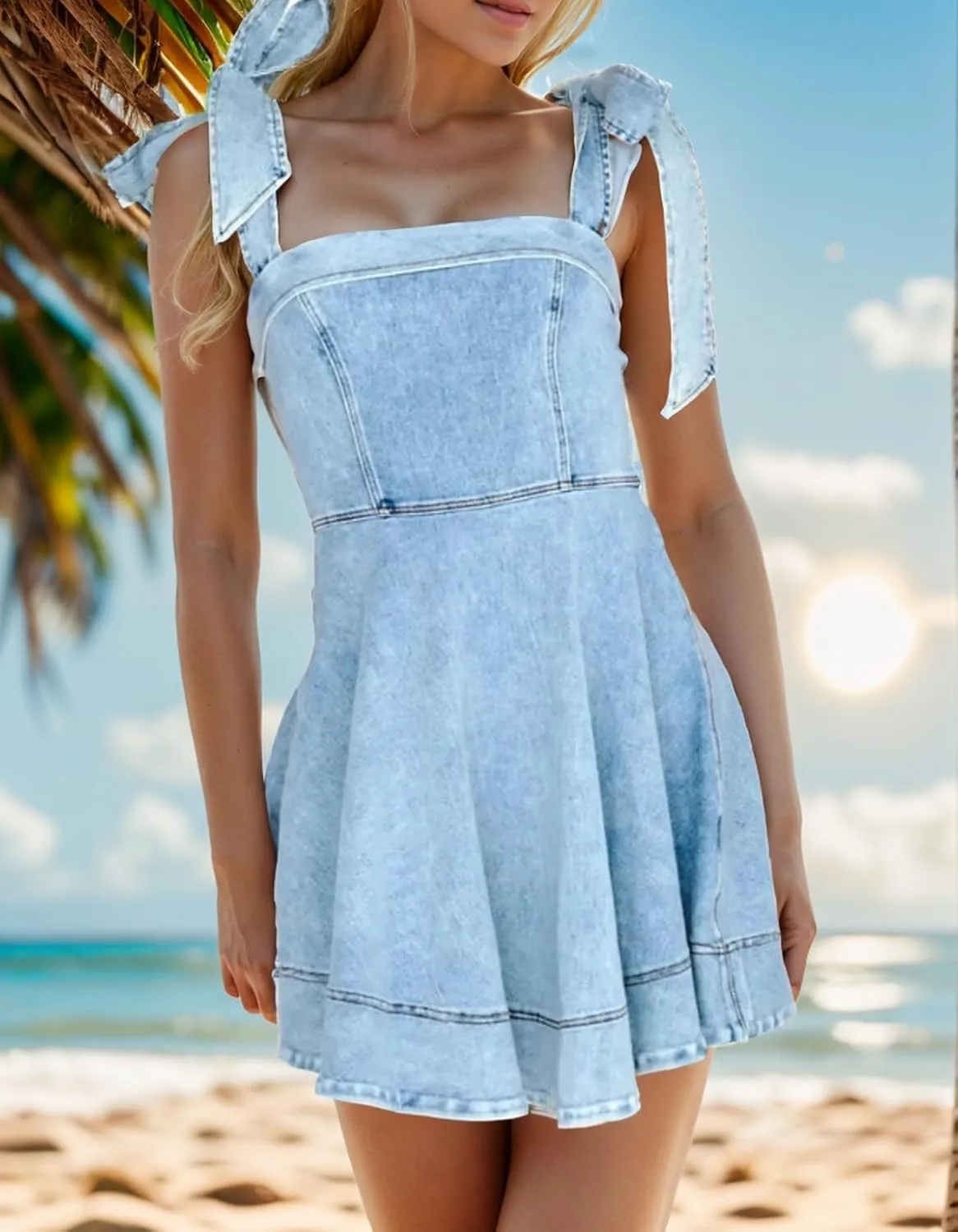 Women’s Summer Tie Shoulder Sleeveless Denim Mini Dress Ruffle A Line Swing Short Denim Dress