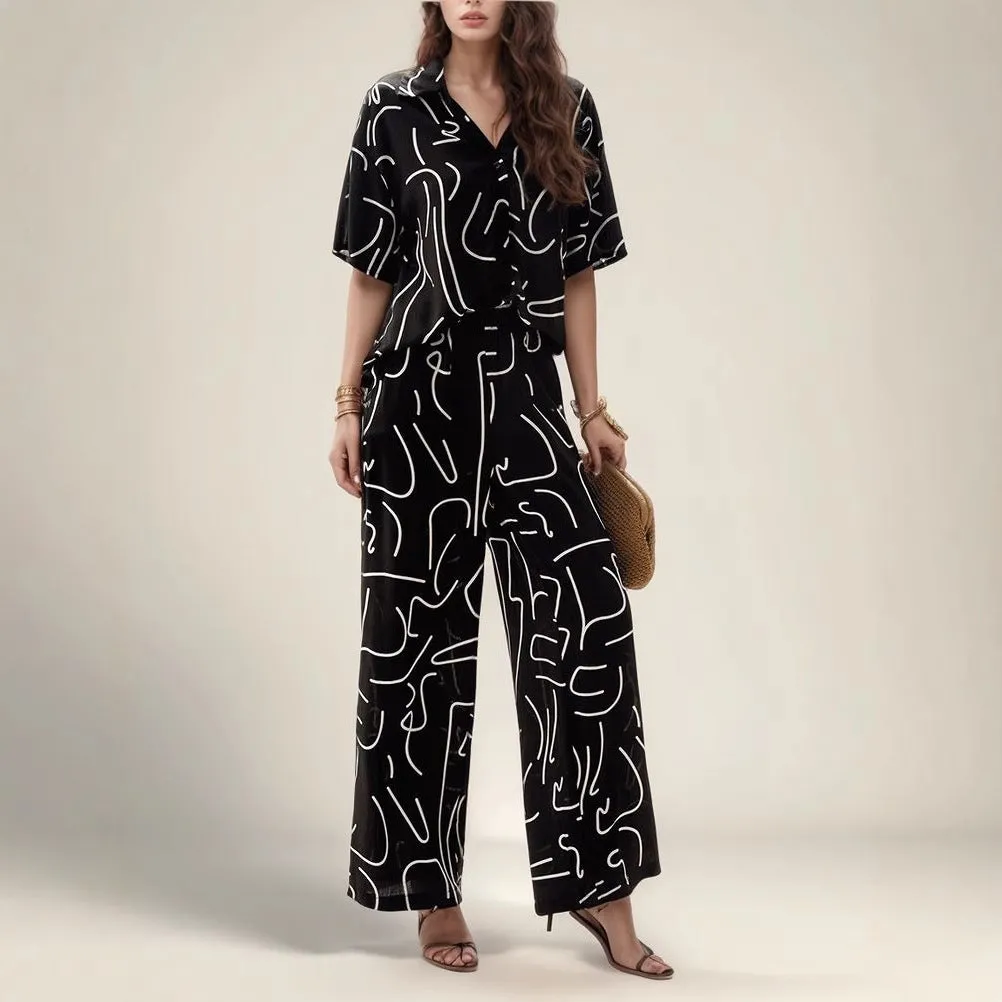 Women’s Two-Piece Set – V-Neck Collared Top – Short Sleeve – Wide-Leg Pants – Relaxed Fit