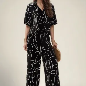 Women’s Two-Piece Set – V-Neck Collared Top – Short Sleeve – Wide-Leg Pants – Relaxed Fit