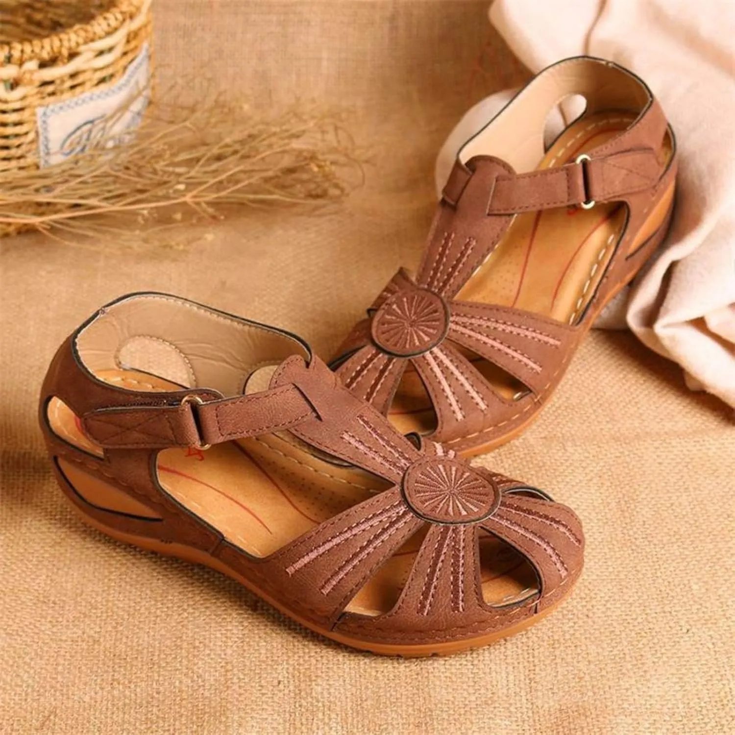 Womens Wedge Closed Toe Sandals Platform Summer Hollow Out Strap Ankle Wedges Shoes Orthopedic Comfy Slip on Bohemia Gladiator Ladies Shoes Beach Casual Athletic Sandals