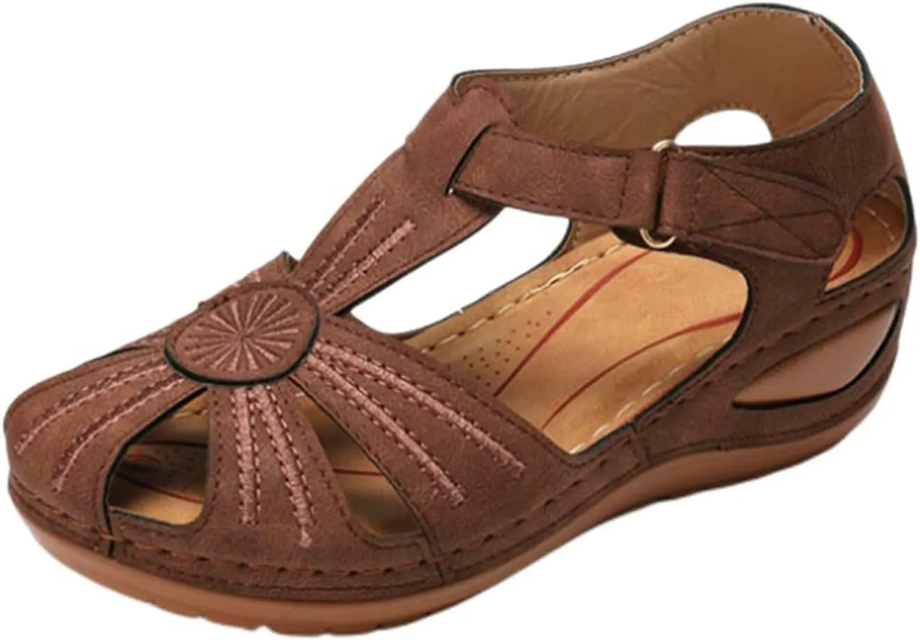 Womens Wedge Closed Toe Sandals Platform Summer Hollow Out Strap Ankle Wedges Shoes Orthopedic Comfy Slip on Bohemia Gladiator Ladies Shoes Beach Casual Athletic Sandals