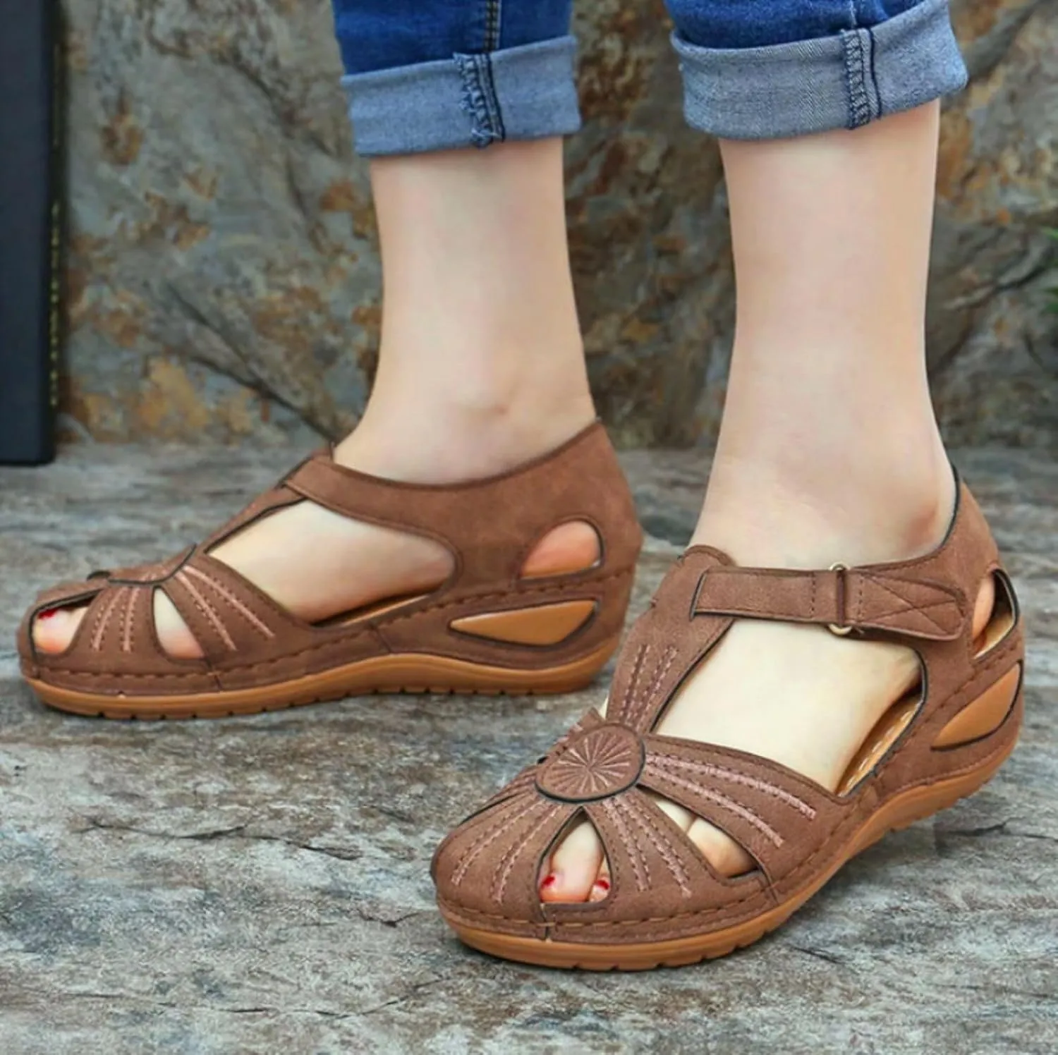 Womens Wedge Closed Toe Sandals Platform Summer Hollow Out Strap Ankle Wedges Shoes Orthopedic Comfy Slip on Bohemia Gladiator Ladies Shoes Beach Casual Athletic Sandals