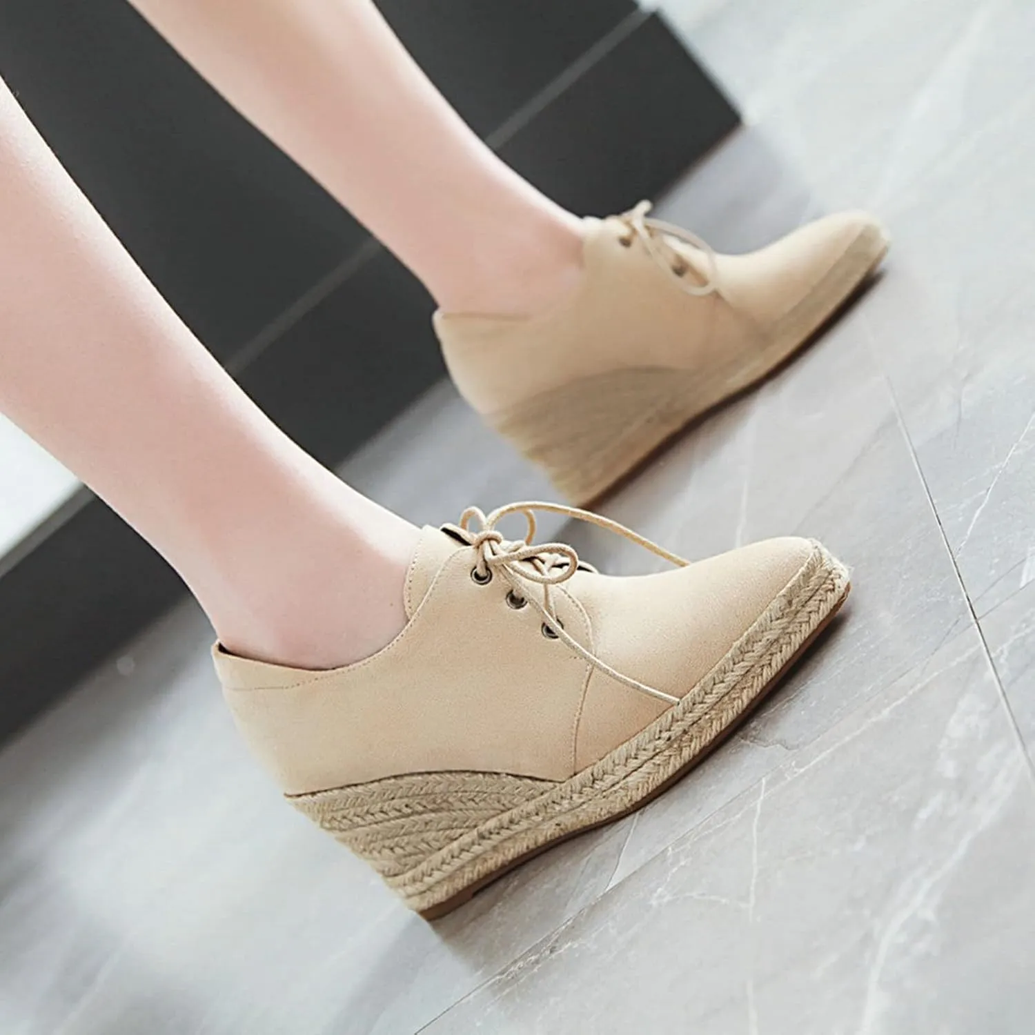 Women's Wedge Platform Espadrille Shoes Lace Up Faux Suede Pointed Toe Comfortable Casual Work Pumps