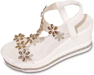 Womens Wedge Sandals Flower High Heel Dressy Sandals Elastic Ankle Strap Rhinestone Summer Comfortable Shoes