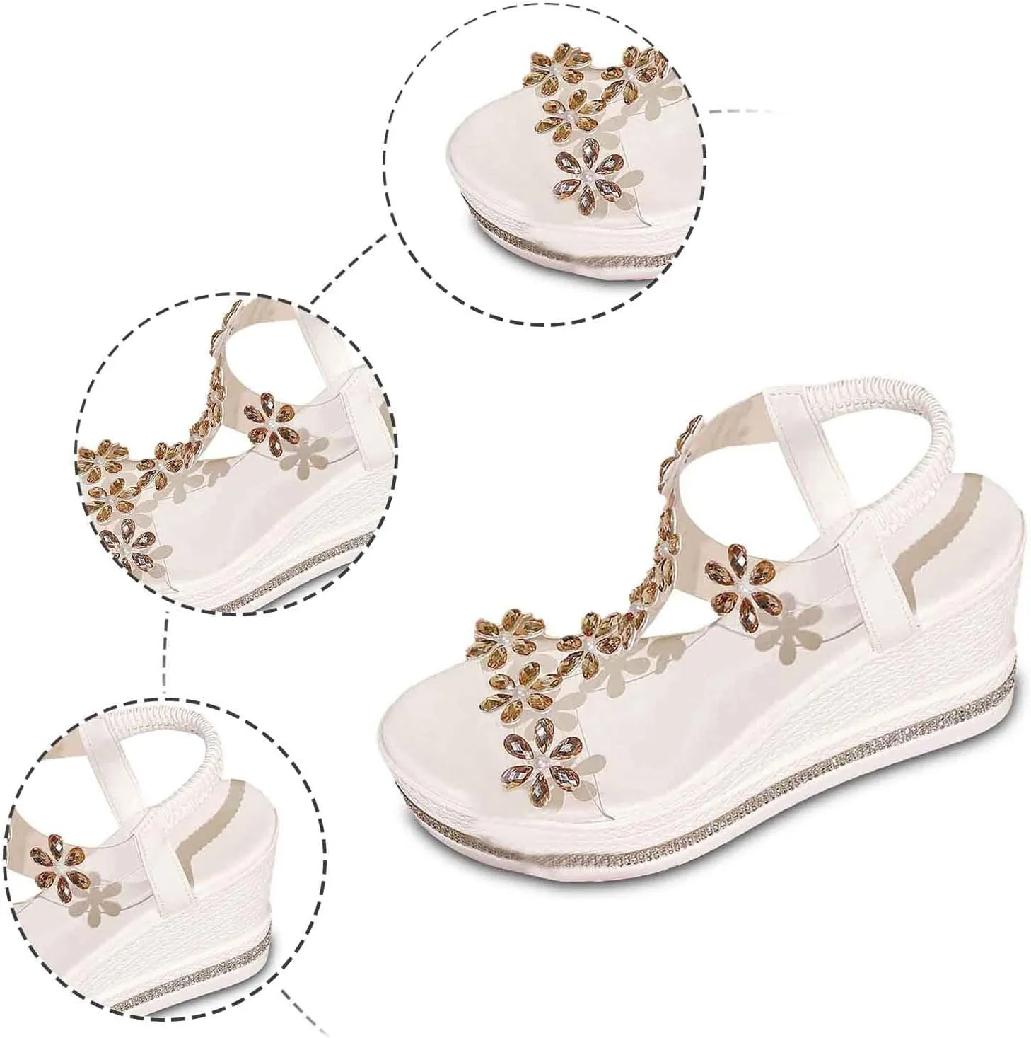 Womens Wedge Sandals Flower High Heel Dressy Sandals Elastic Ankle Strap Rhinestone Summer Comfortable Shoes