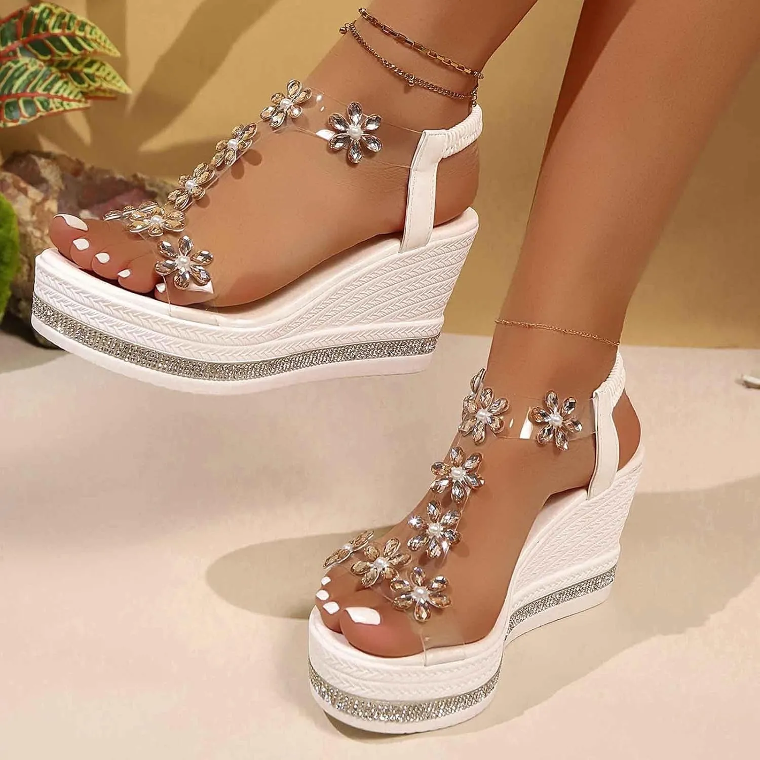 Womens Wedge Sandals Flower High Heel Dressy Sandals Elastic Ankle Strap Rhinestone Summer Comfortable Shoes