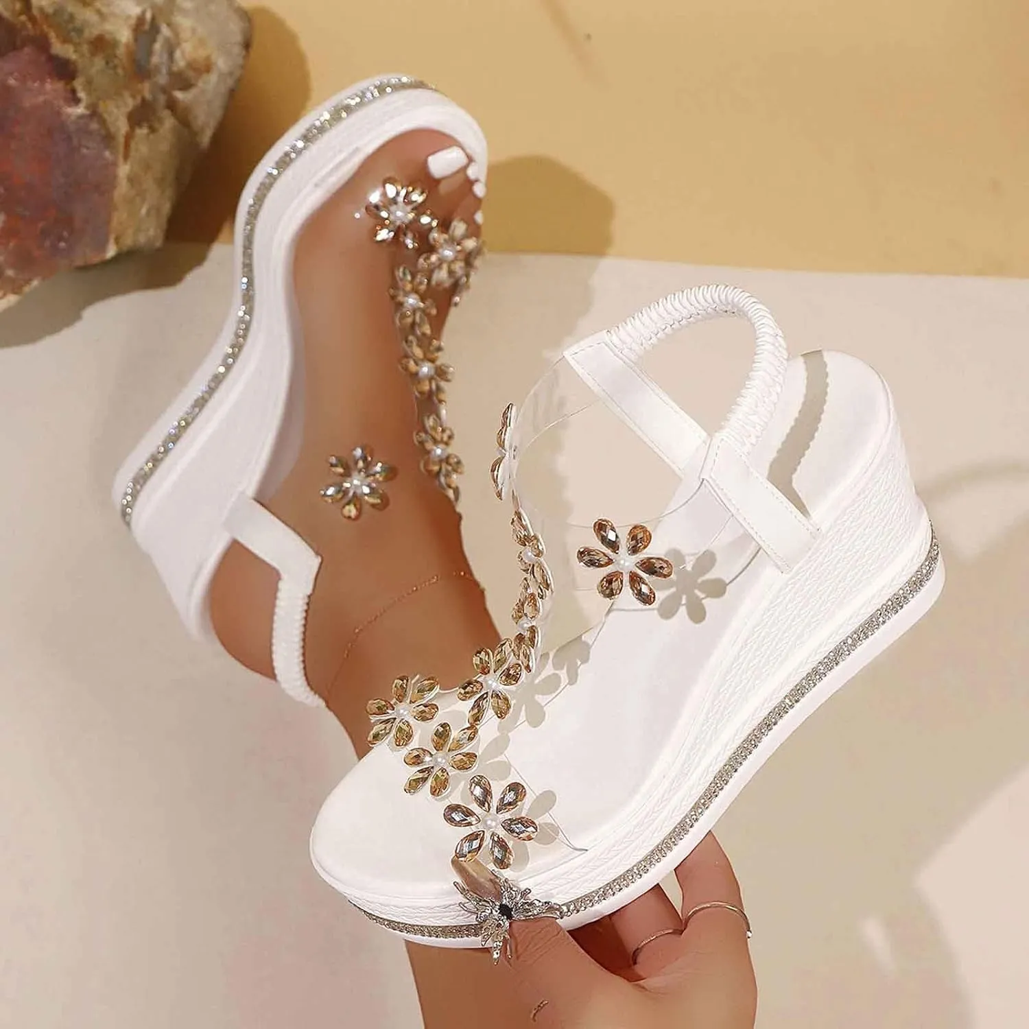 Womens Wedge Sandals Flower High Heel Dressy Sandals Elastic Ankle Strap Rhinestone Summer Comfortable Shoes