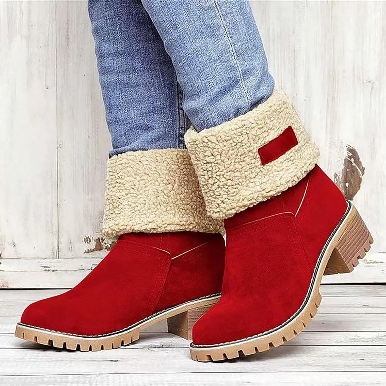 Womens Winter Boots with Fur Lined Snow Fuzzy Ankle Booties Fashion Slip On Warm Shoes Womens Snow Boots Waterproof Insulated High Heel Boot