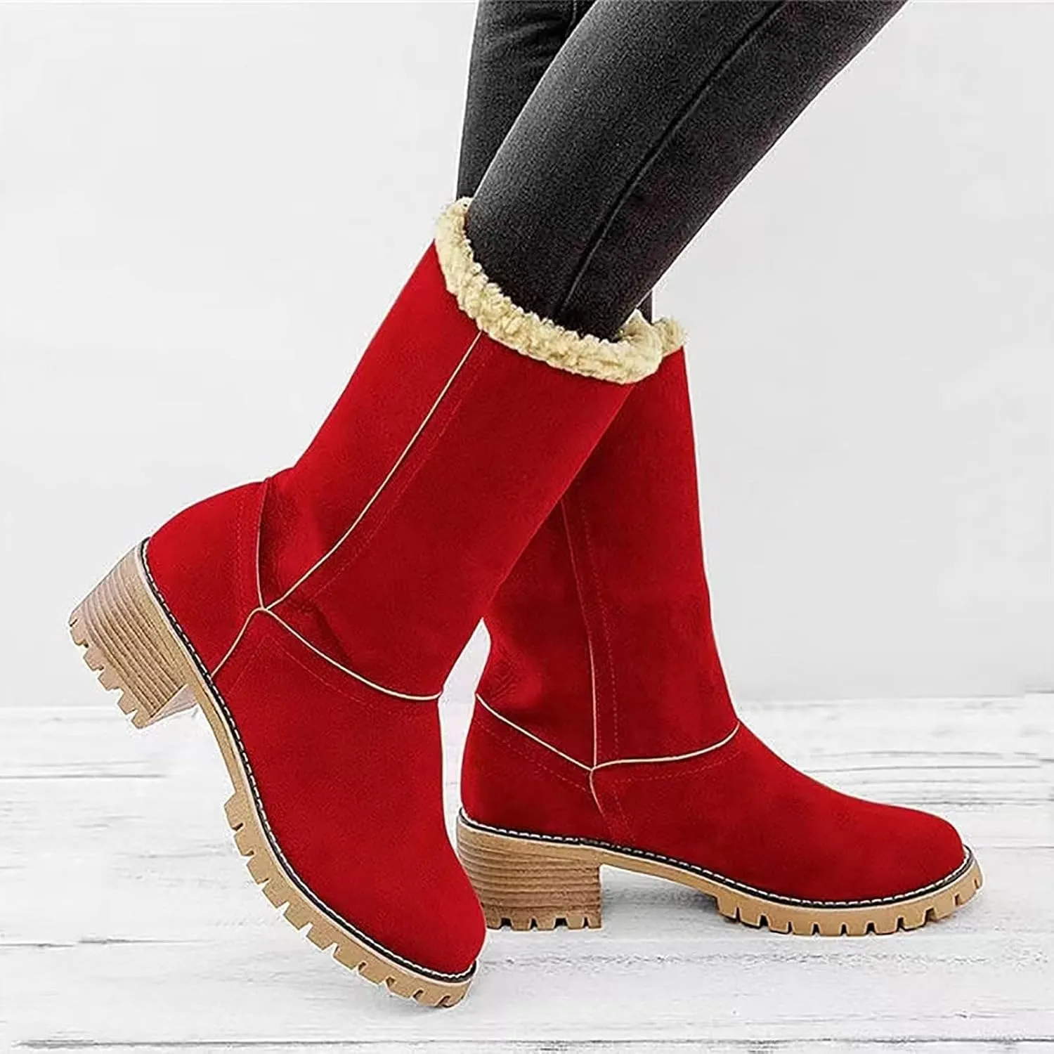 Womens Winter Boots with Fur Lined Snow Fuzzy Ankle Booties Fashion Slip On Warm Shoes Womens Snow Boots Waterproof Insulated High Heel Boot