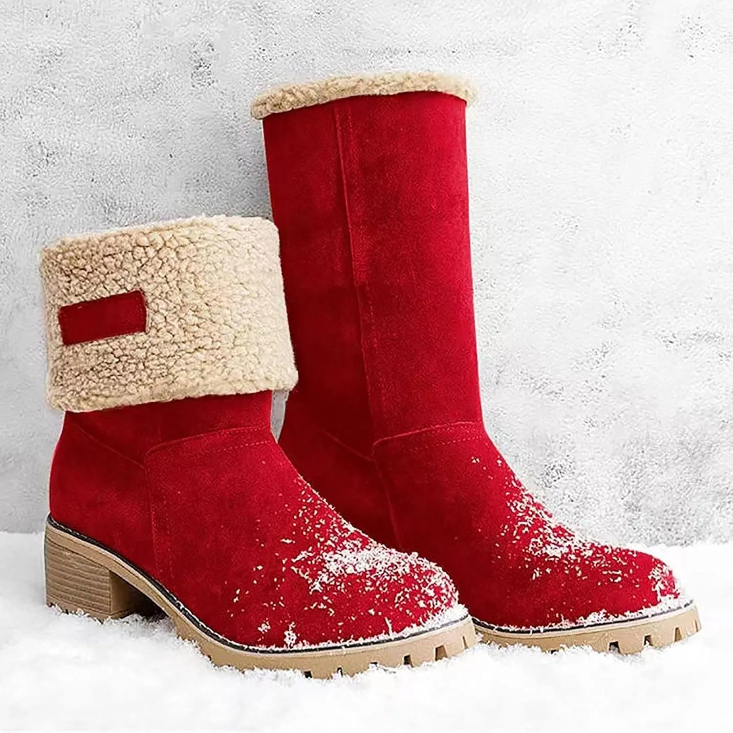 Womens Winter Boots with Fur Lined Snow Fuzzy Ankle Booties Fashion Slip On Warm Shoes Womens Snow Boots Waterproof Insulated High Heel Boot