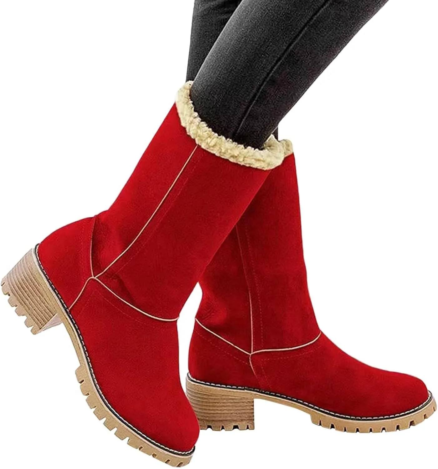 Womens Winter Boots with Fur Lined Snow Fuzzy Ankle Booties Fashion Slip On Warm Shoes Womens Snow Boots Waterproof Insulated High Heel Boot