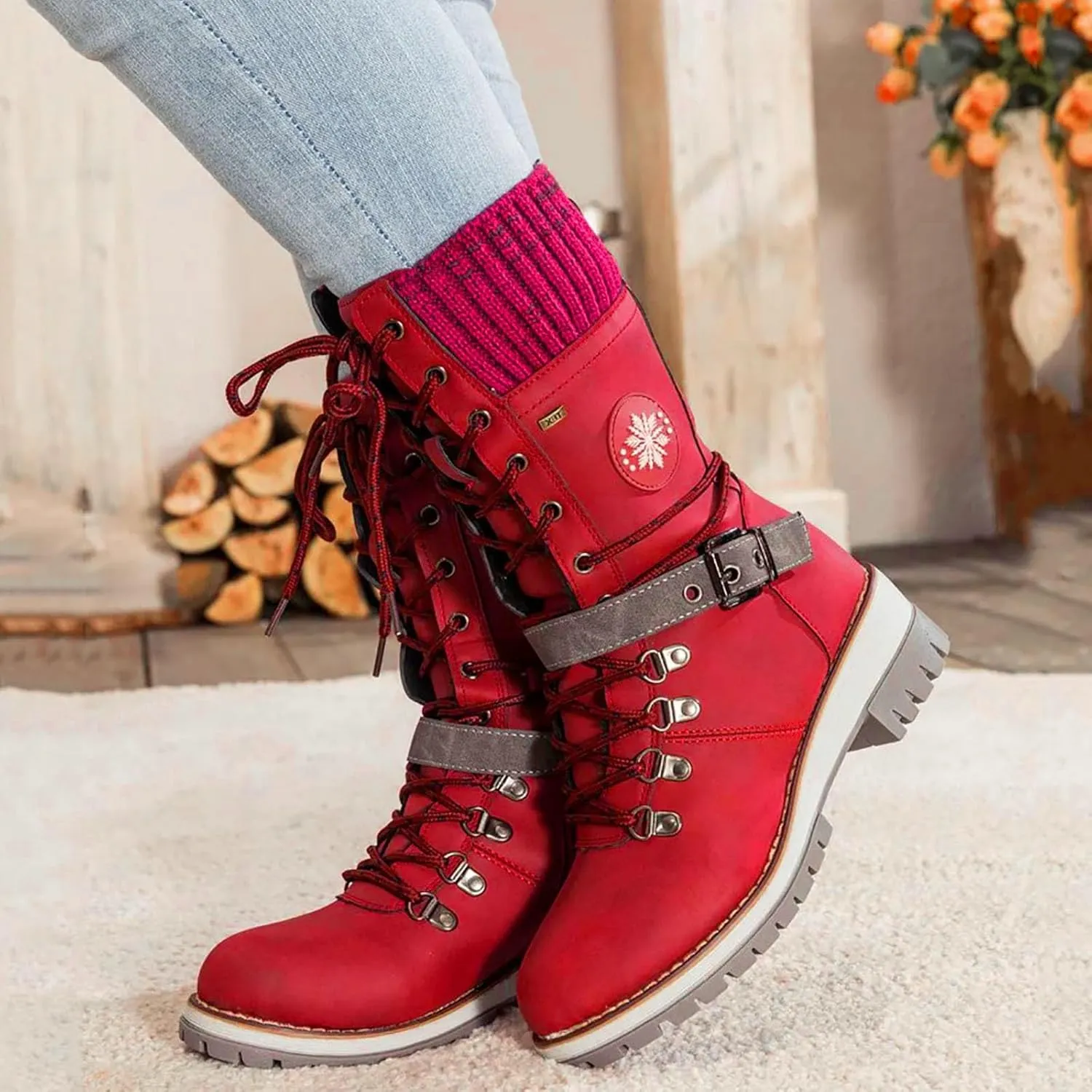 Women's Winter Warm Boots Fashion Belt Square Heel Snow Boots Lace Up Mid Tube Outdoor Walking Riding Pants