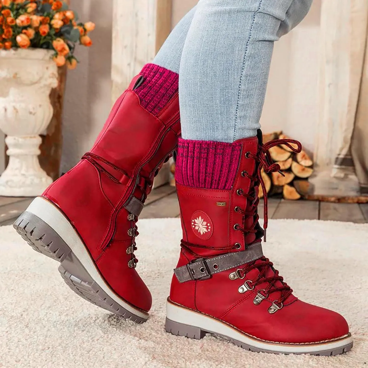 Women's Winter Warm Boots Fashion Belt Square Heel Snow Boots Lace Up Mid Tube Outdoor Walking Riding Pants