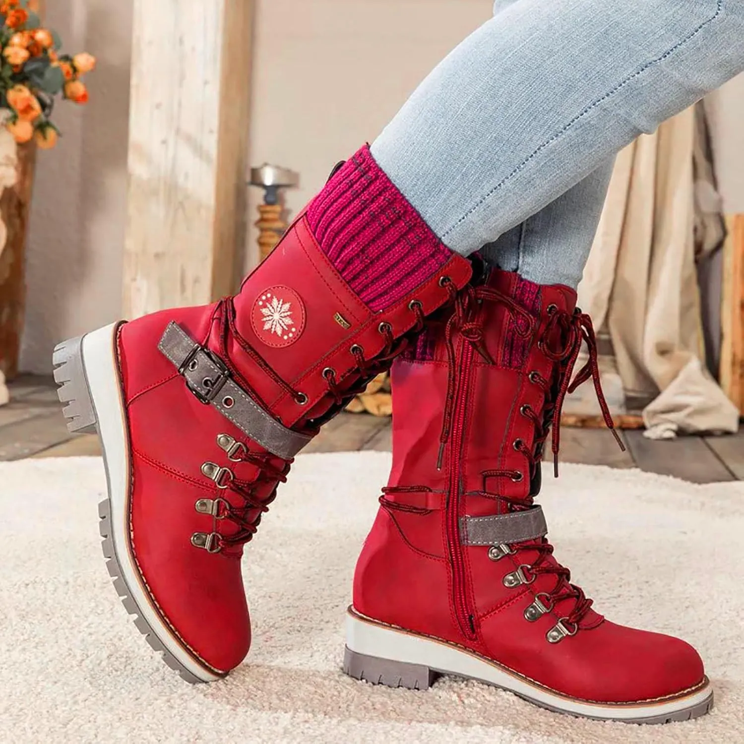 Women's Winter Warm Boots Fashion Belt Square Heel Snow Boots Lace Up Mid Tube Outdoor Walking Riding Pants