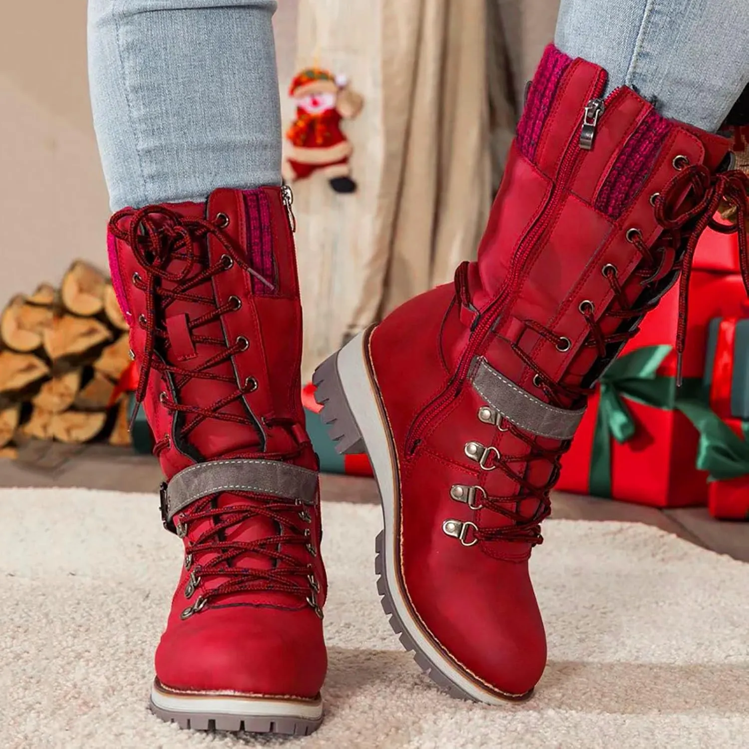 Women's Winter Warm Boots Fashion Belt Square Heel Snow Boots Lace Up Mid Tube Outdoor Walking Riding Pants