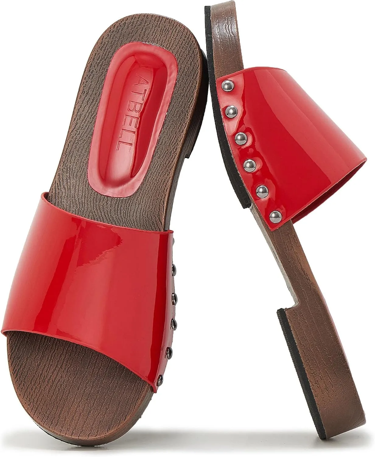 Womens's Wooden Style Block Heel Sandal Open Toe Platform Clogs Rivet Studed Slip On Summer Mules