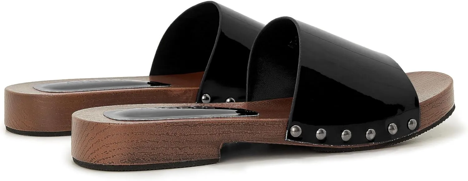 Womens's Wooden Style Block Heel Sandal Open Toe Platform Clogs Rivet Studed Slip On Summer Mules