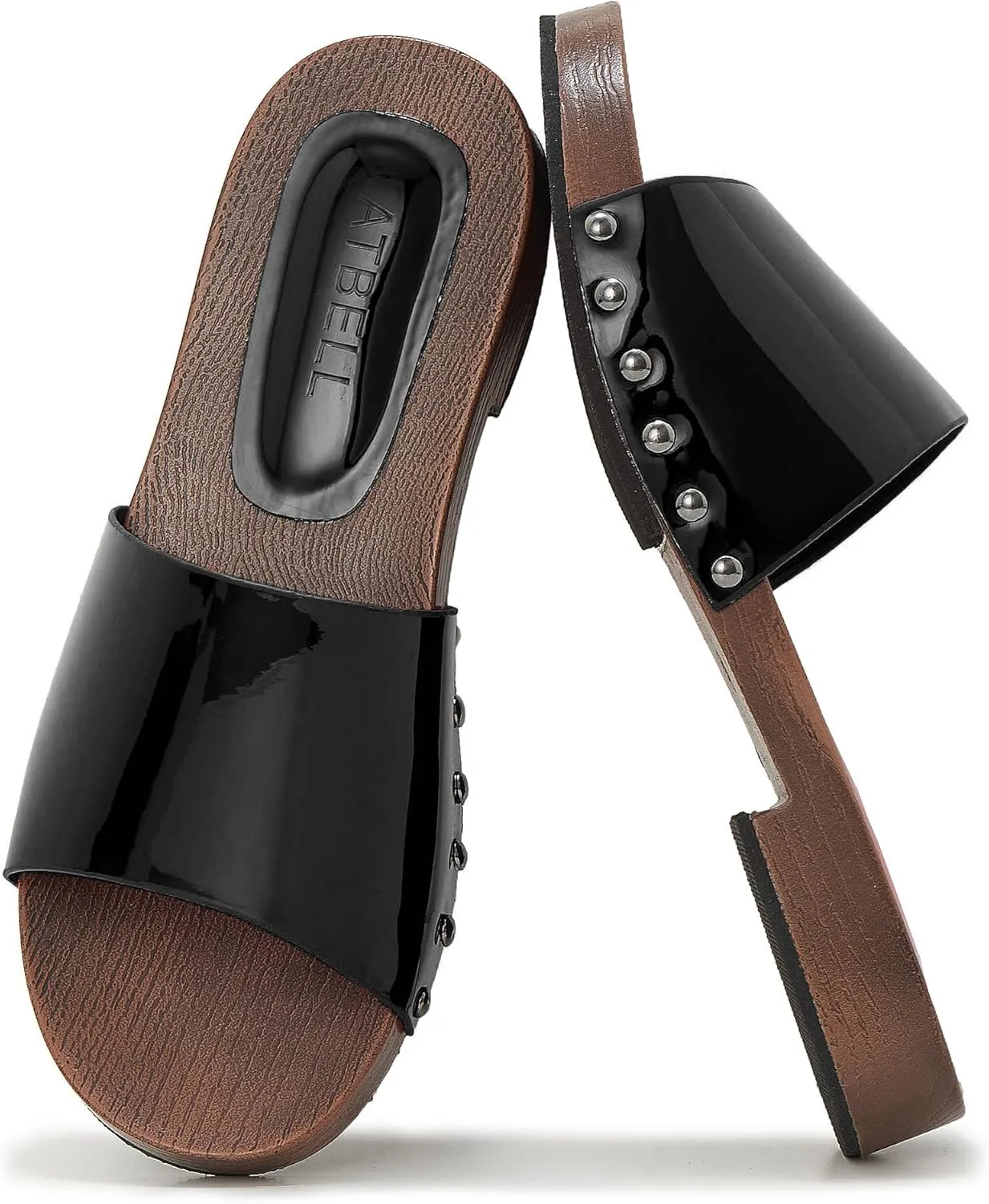Womens's Wooden Style Block Heel Sandal Open Toe Platform Clogs Rivet Studed Slip On Summer Mules