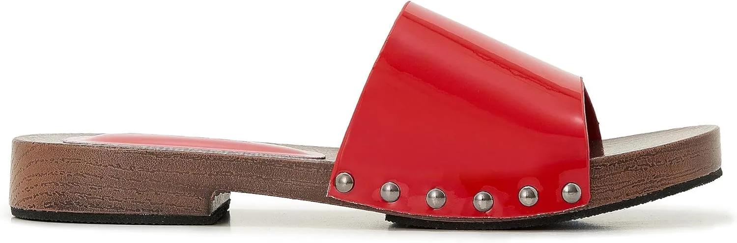 Womens's Wooden Style Block Heel Sandal Open Toe Platform Clogs Rivet Studed Slip On Summer Mules