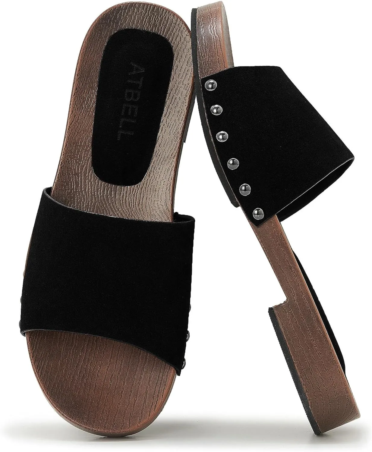 Womens's Wooden Style Block Heel Sandal Open Toe Platform Clogs Rivet Studed Slip On Summer Mules