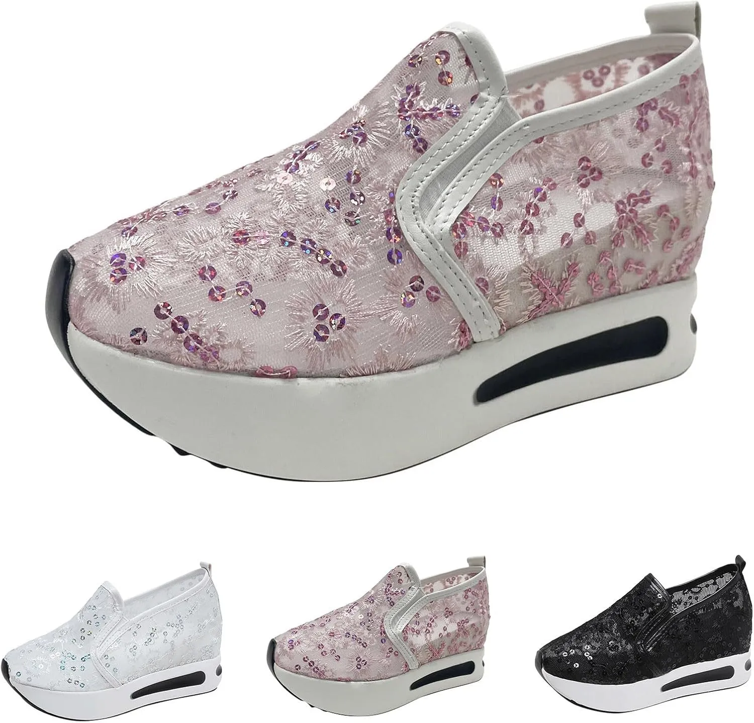 Womenyiaor Platform Wedge Sneakers for Women Dressy, Women's Fashion Sneakers 2024 Floral Embroidery Breathable Sheer Mesh High Heel Slip on Sneakers Casual Comfortable Walking Shoes