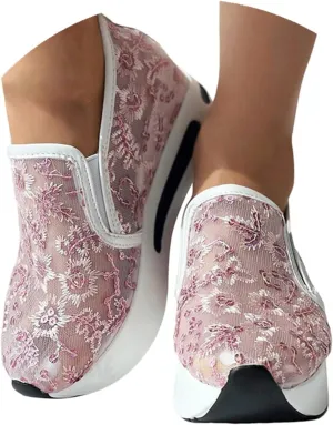 Womenyiaor Platform Wedge Sneakers for Women Dressy, Women's Fashion Sneakers 2024 Floral Embroidery Breathable Sheer Mesh High Heel Slip on Sneakers Casual Comfortable Walking Shoes