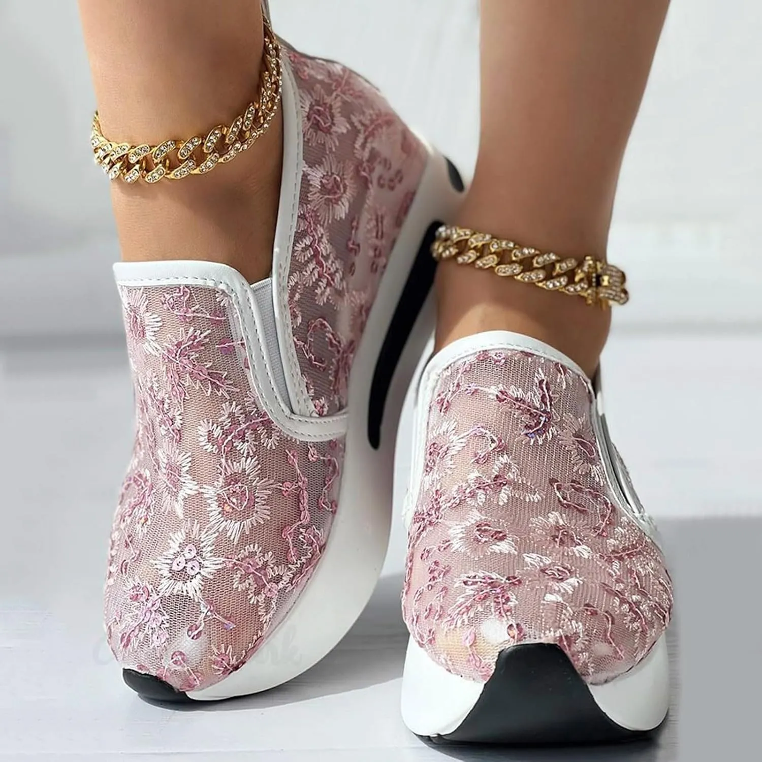 Womenyiaor Platform Wedge Sneakers for Women Dressy, Women's Fashion Sneakers 2024 Floral Embroidery Breathable Sheer Mesh High Heel Slip on Sneakers Casual Comfortable Walking Shoes