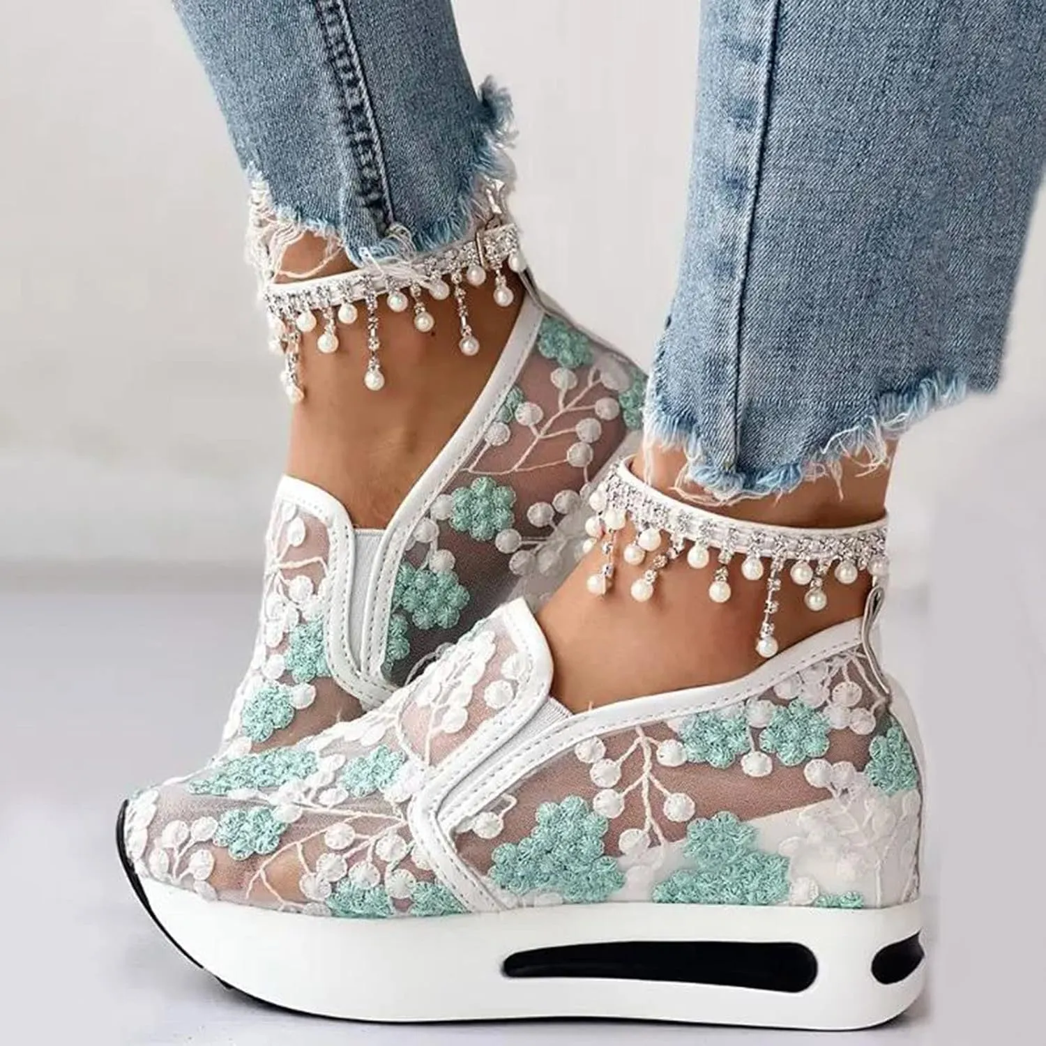 Womenyiaor Platform Wedge Sneakers for Women Dressy, Women's Fashion Sneakers 2024 Floral Embroidery Breathable Sheer Mesh High Heel Slip on Sneakers Casual Comfortable Walking Shoes