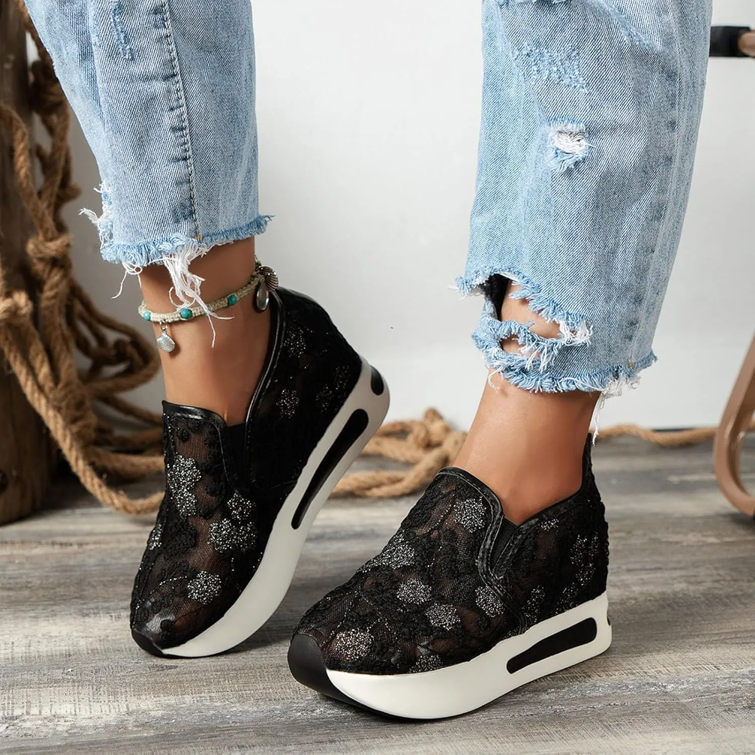Womenyiaor Platform Wedge Sneakers for Women Dressy, Women's Fashion Sneakers 2024 Floral Embroidery Breathable Sheer Mesh High Heel Slip on Sneakers Casual Comfortable Walking Shoes
