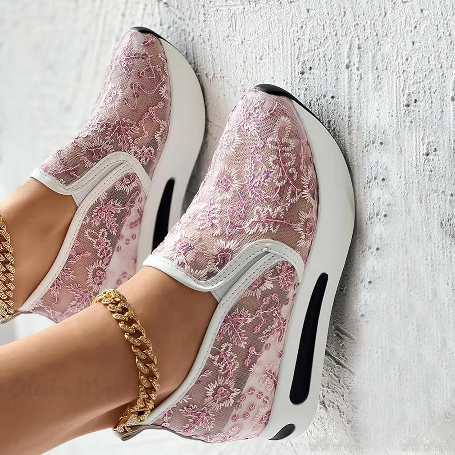 Womenyiaor Platform Wedge Sneakers for Women Dressy, Women's Fashion Sneakers 2024 Floral Embroidery Breathable Sheer Mesh High Heel Slip on Sneakers Casual Comfortable Walking Shoes