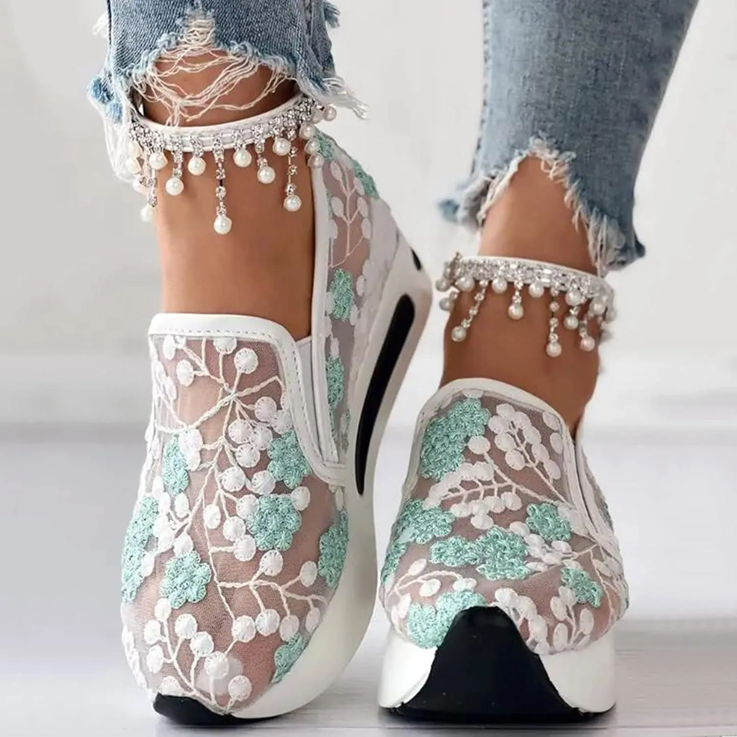 Womenyiaor Platform Wedge Sneakers for Women Dressy, Women's Fashion Sneakers 2024 Floral Embroidery Breathable Sheer Mesh High Heel Slip on Sneakers Casual Comfortable Walking Shoes