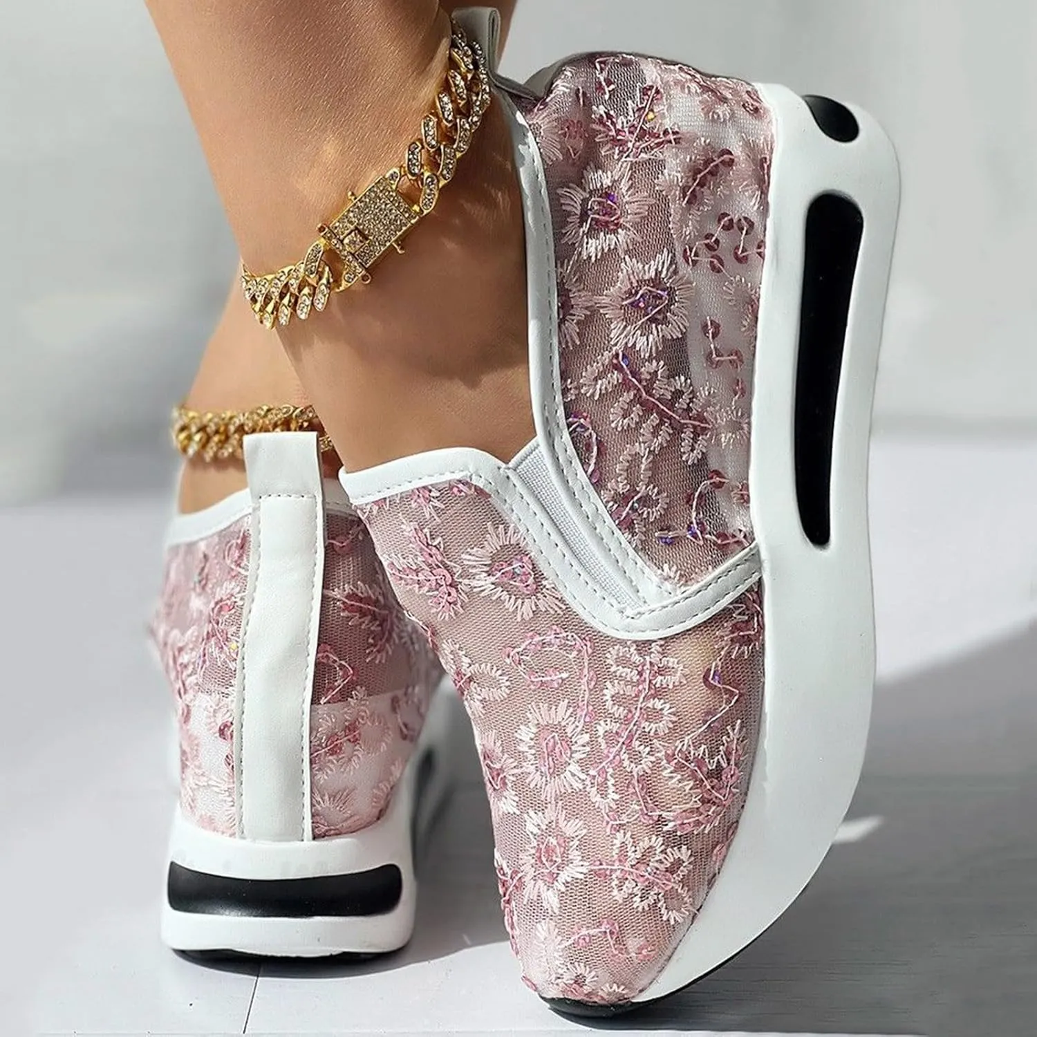 Womenyiaor Platform Wedge Sneakers for Women Dressy, Women's Fashion Sneakers 2024 Floral Embroidery Breathable Sheer Mesh High Heel Slip on Sneakers Casual Comfortable Walking Shoes