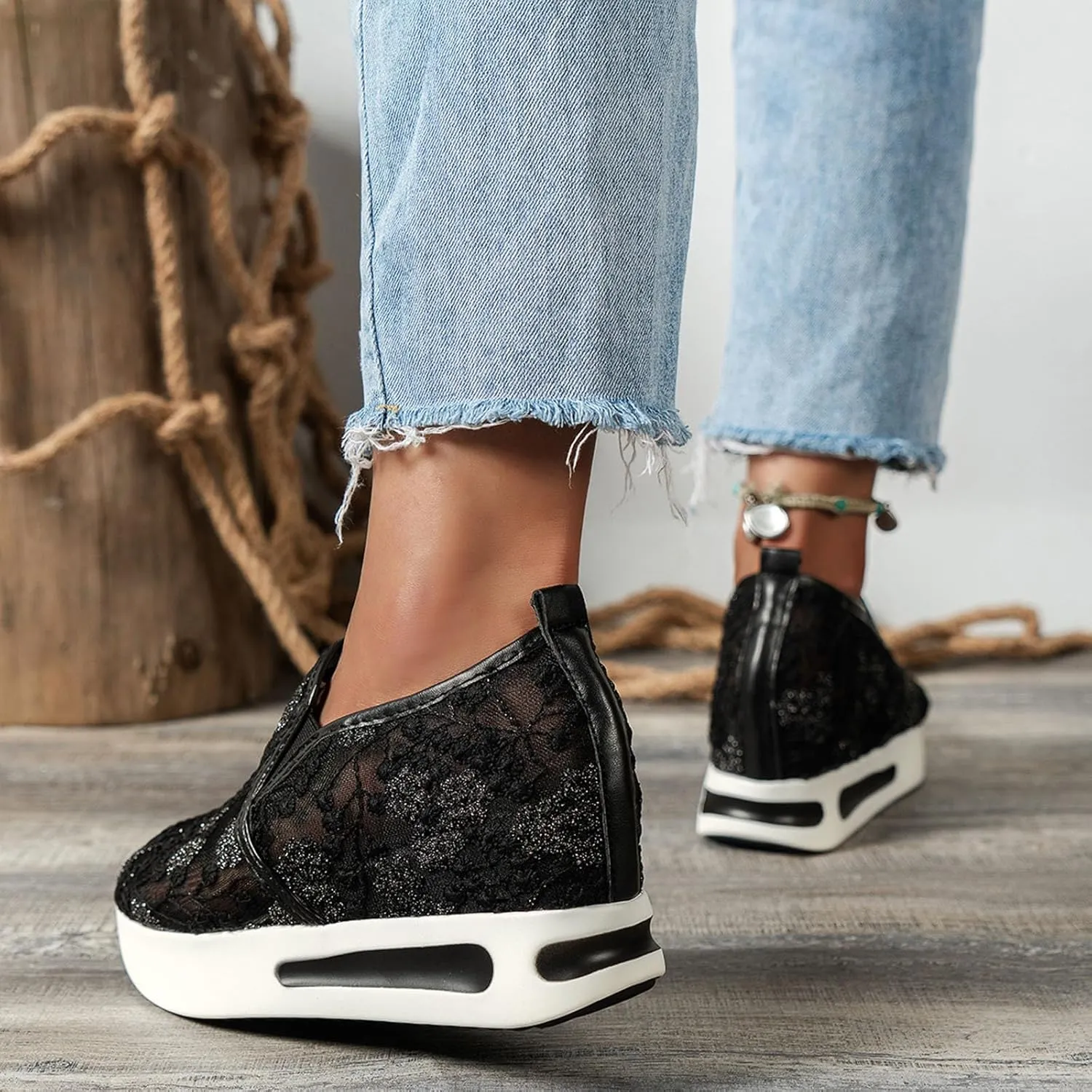 Womenyiaor Platform Wedge Sneakers for Women Dressy, Women's Fashion Sneakers 2024 Floral Embroidery Breathable Sheer Mesh High Heel Slip on Sneakers Casual Comfortable Walking Shoes