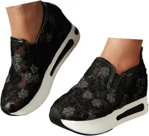 Womenyiaor Platform Wedge Sneakers for Women Dressy, Women's Fashion Sneakers 2024 Floral Embroidery Breathable Sheer Mesh High Heel Slip on Sneakers Casual Comfortable Walking Shoes