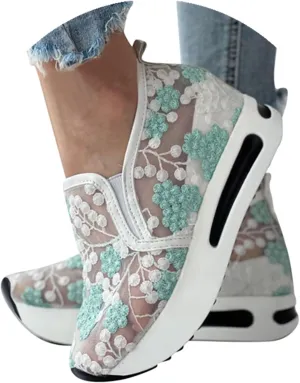 Womenyiaor Platform Wedge Sneakers for Women Dressy, Women's Fashion Sneakers 2024 Floral Embroidery Breathable Sheer Mesh High Heel Slip on Sneakers Casual Comfortable Walking Shoes