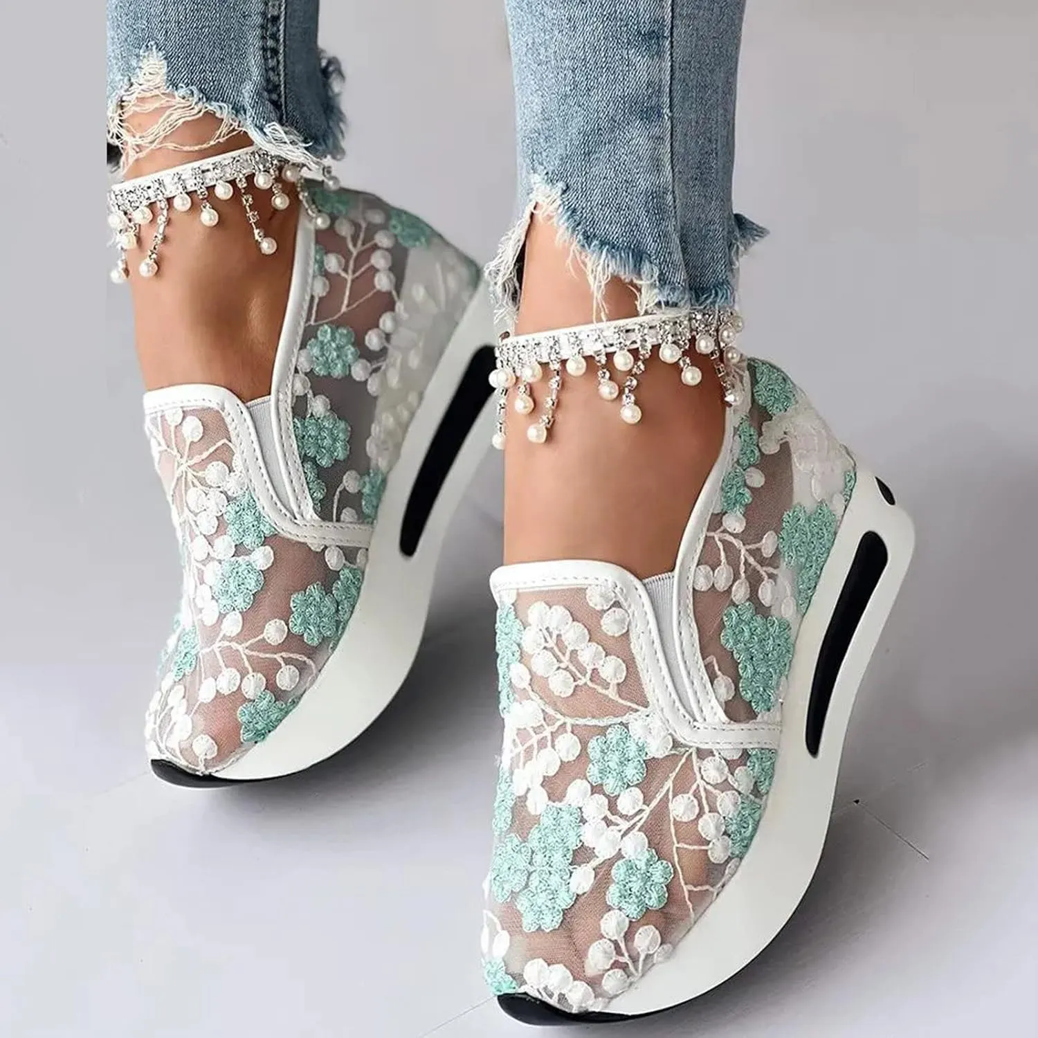 Womenyiaor Platform Wedge Sneakers for Women Dressy, Women's Fashion Sneakers 2024 Floral Embroidery Breathable Sheer Mesh High Heel Slip on Sneakers Casual Comfortable Walking Shoes