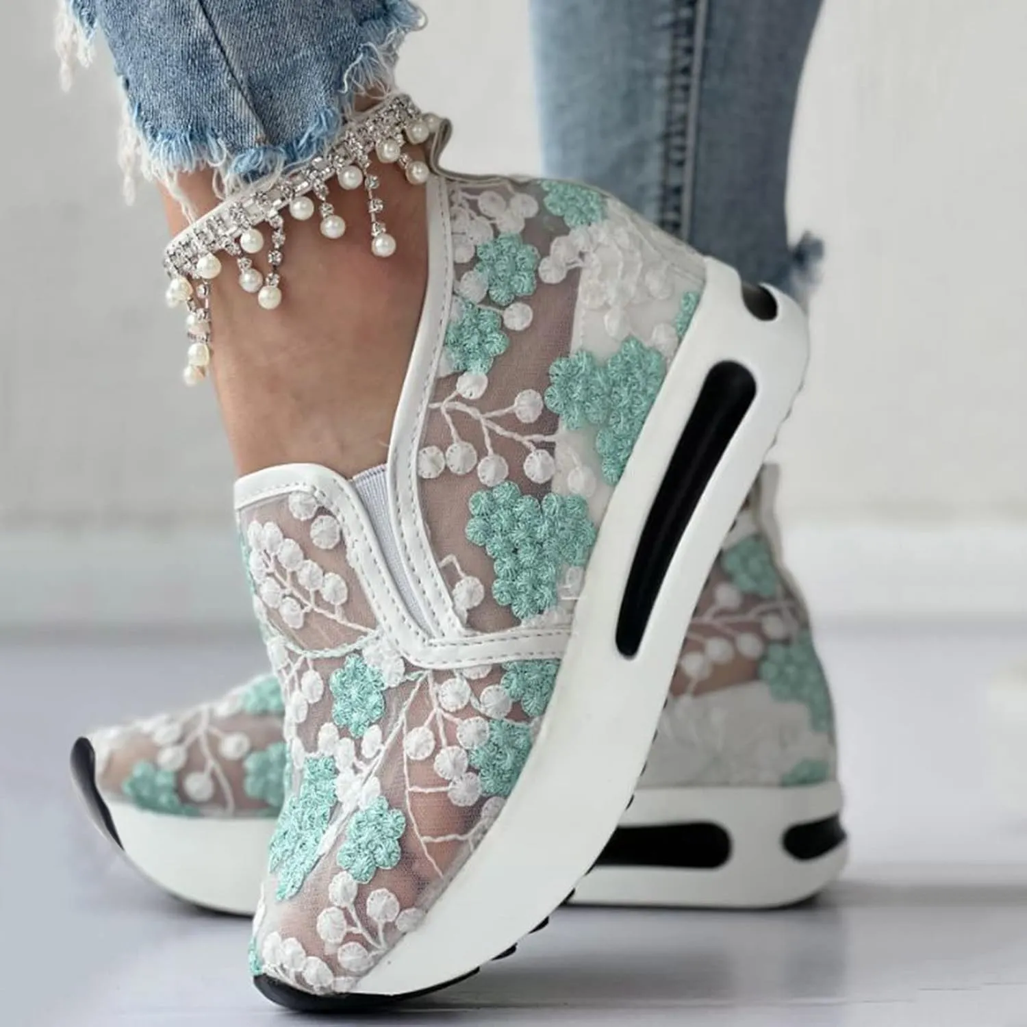 Womenyiaor Platform Wedge Sneakers for Women Dressy, Women's Fashion Sneakers 2024 Floral Embroidery Breathable Sheer Mesh High Heel Slip on Sneakers Casual Comfortable Walking Shoes