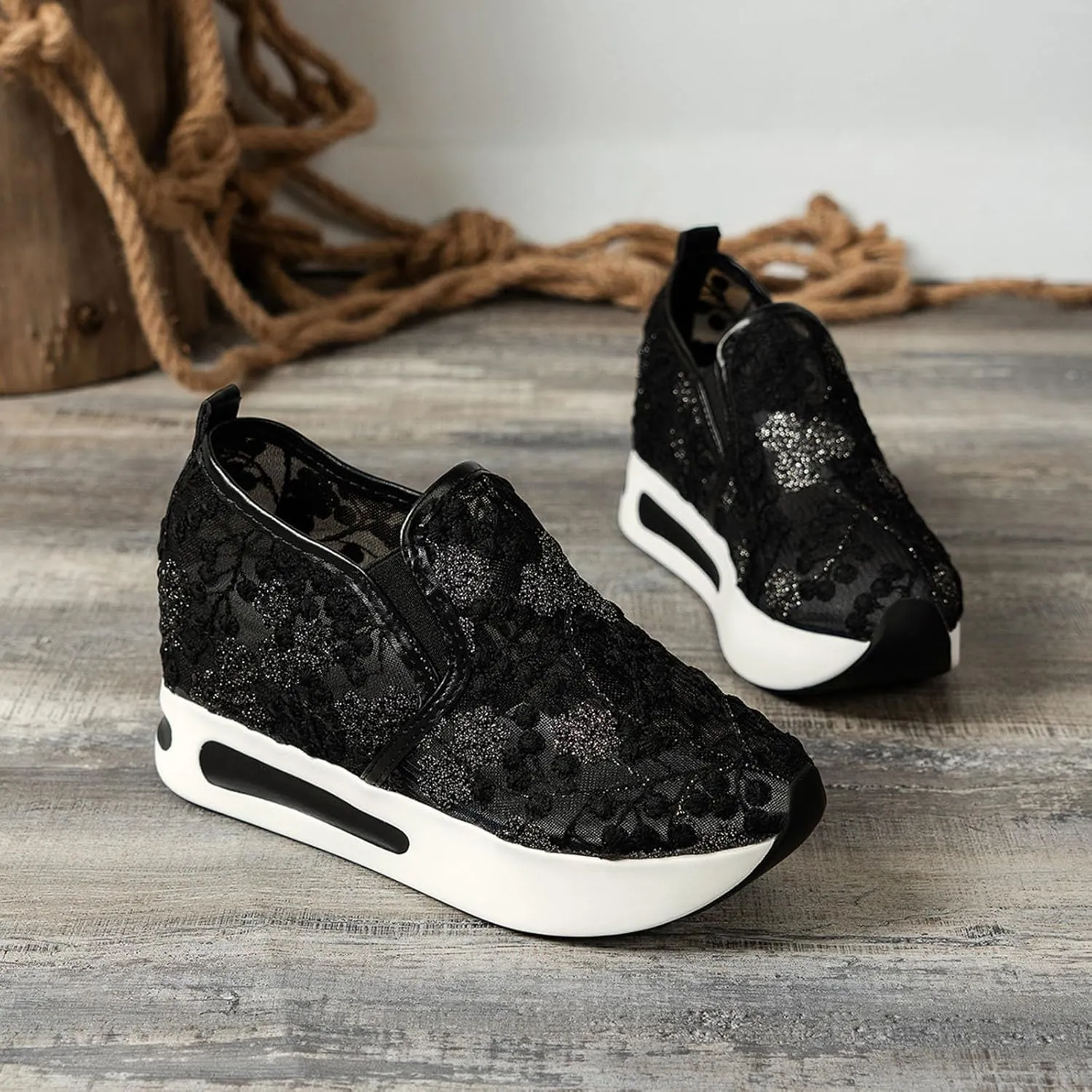 Womenyiaor Platform Wedge Sneakers for Women Dressy, Women's Fashion Sneakers 2024 Floral Embroidery Breathable Sheer Mesh High Heel Slip on Sneakers Casual Comfortable Walking Shoes