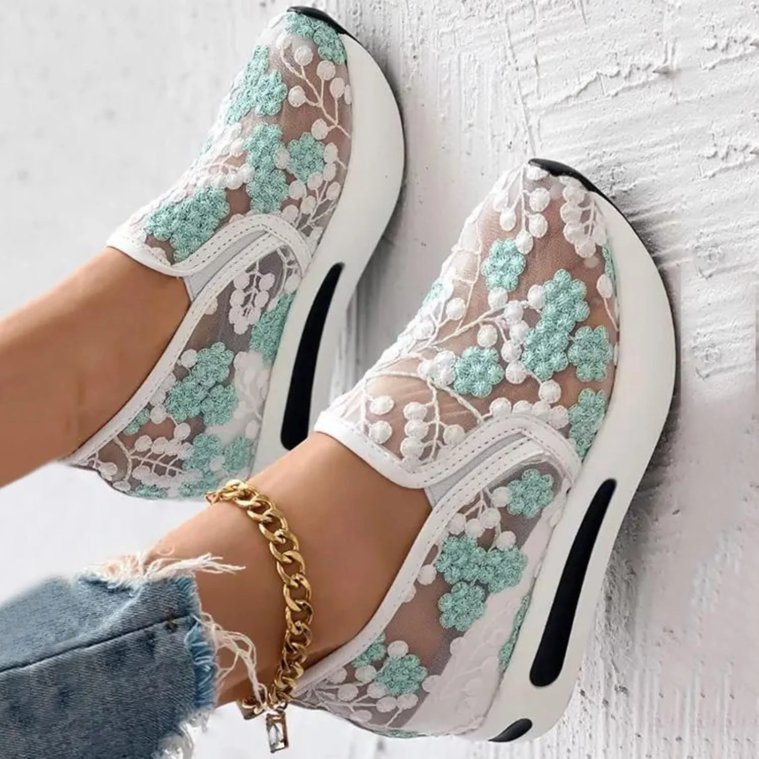 Womenyiaor Platform Wedge Sneakers for Women Dressy, Women's Fashion Sneakers 2024 Floral Embroidery Breathable Sheer Mesh High Heel Slip on Sneakers Casual Comfortable Walking Shoes