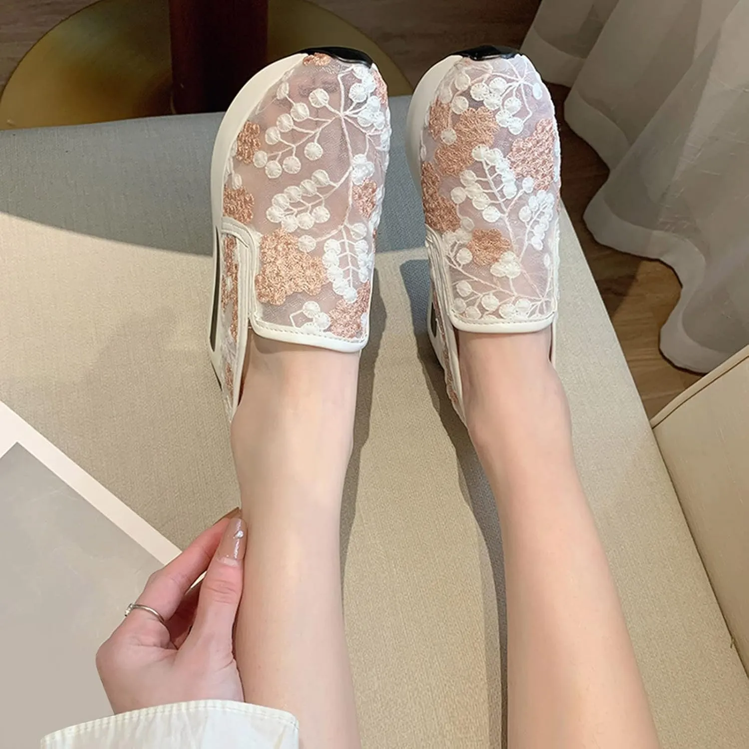 Womenyiaor Women's Fashion Sneakers Dressy Floral Embroidery Breathable Sheer Mesh Sneakers Platform Wedge Sneakers Casual Lace up Walking Shoes (C-Pink, 9)