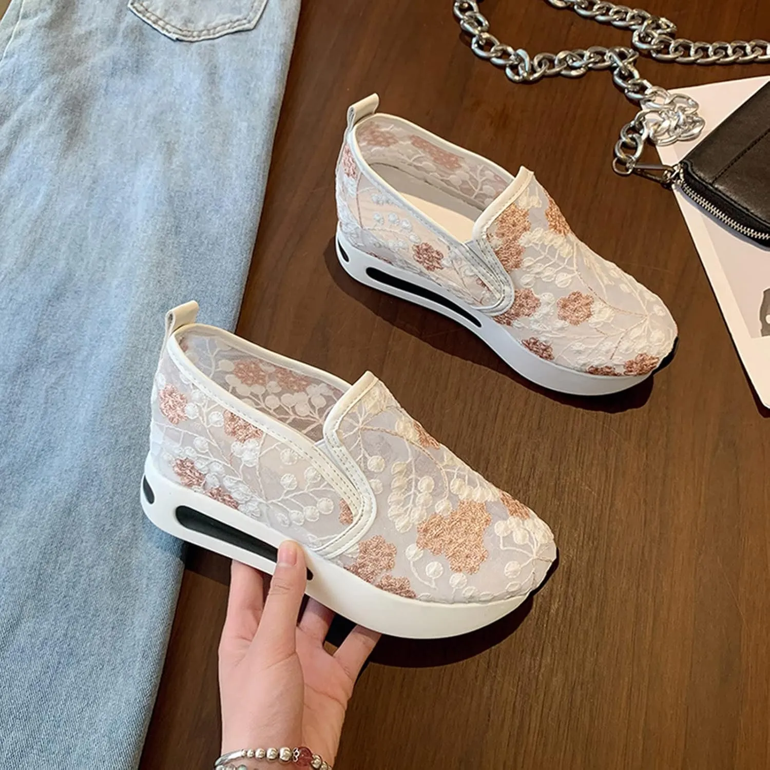 Womenyiaor Women's Fashion Sneakers Dressy Floral Embroidery Breathable Sheer Mesh Sneakers Platform Wedge Sneakers Casual Lace up Walking Shoes (C-Pink, 9)