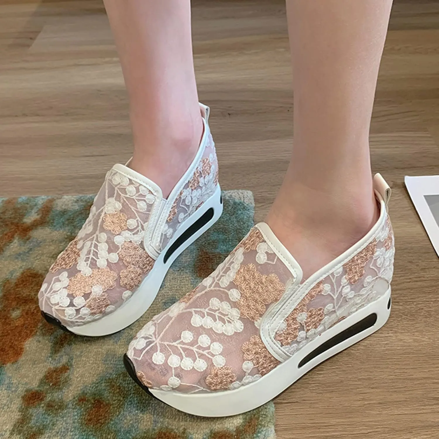 Womenyiaor Women's Fashion Sneakers Dressy Floral Embroidery Breathable Sheer Mesh Sneakers Platform Wedge Sneakers Casual Lace up Walking Shoes (C-Pink, 9)