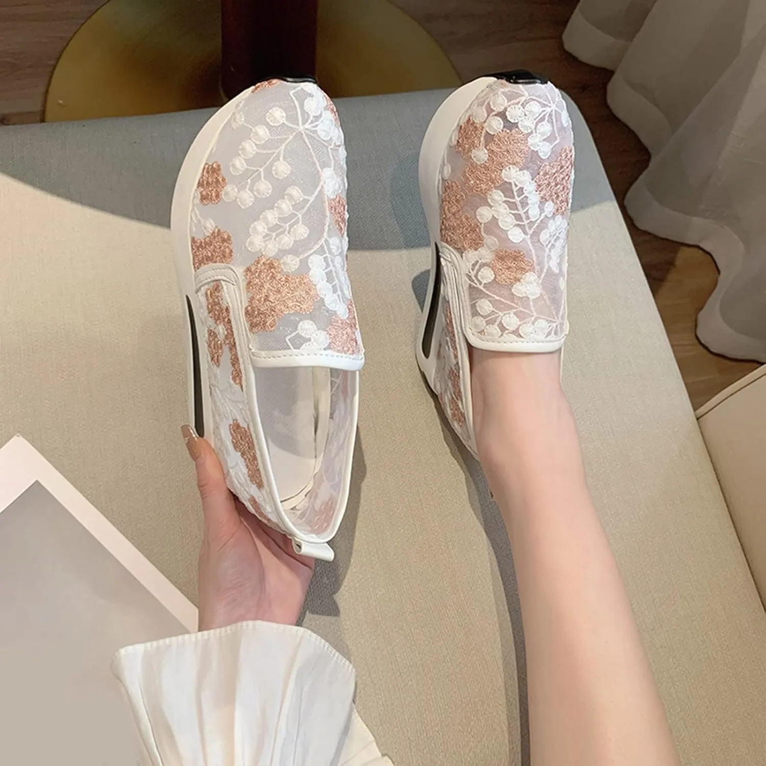 Womenyiaor Women's Fashion Sneakers Dressy Floral Embroidery Breathable Sheer Mesh Sneakers Platform Wedge Sneakers Casual Lace up Walking Shoes (C-Pink, 9)