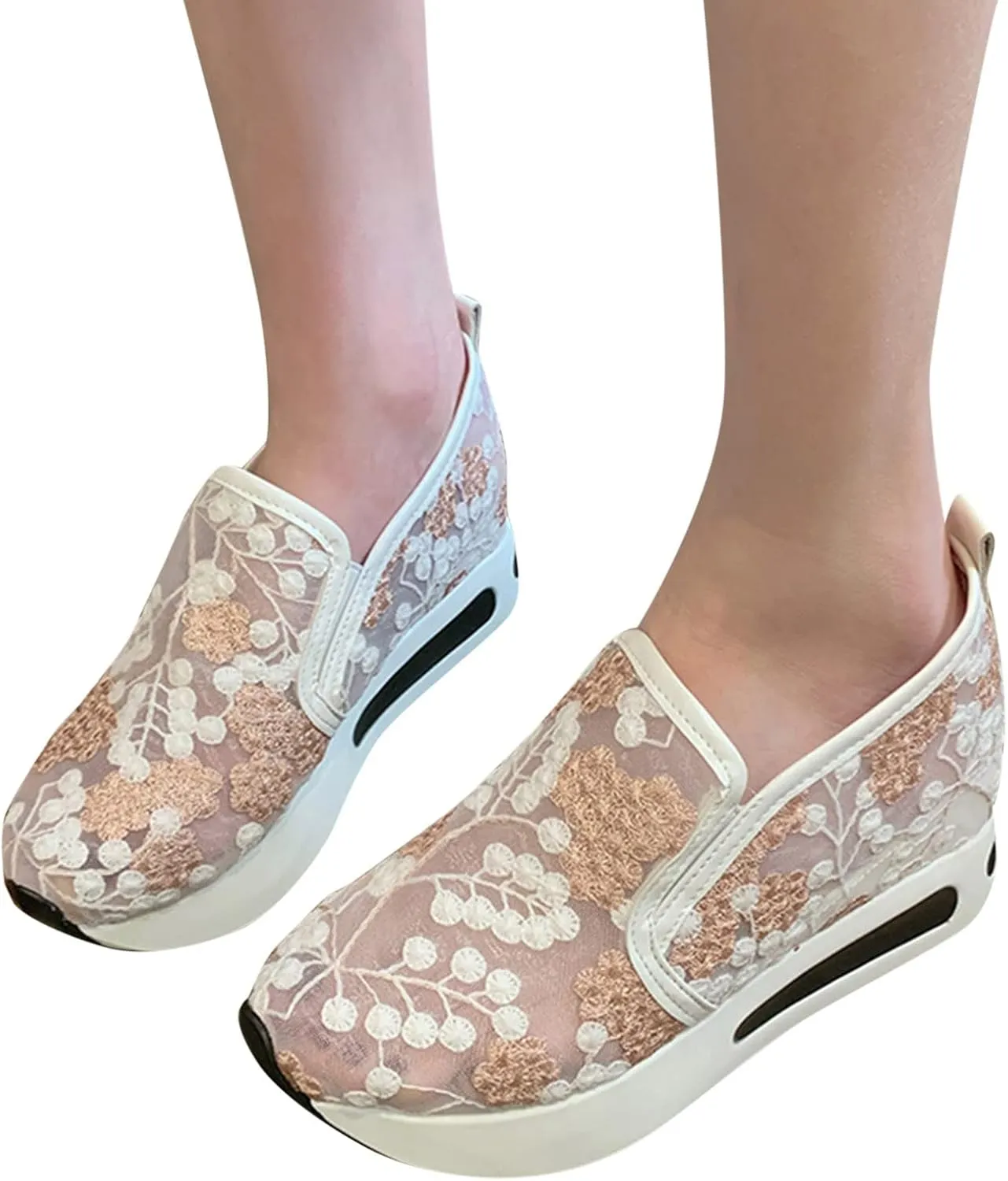 Womenyiaor Women's Fashion Sneakers Dressy Floral Embroidery Breathable Sheer Mesh Sneakers Platform Wedge Sneakers Casual Lace up Walking Shoes (C-Pink, 9)