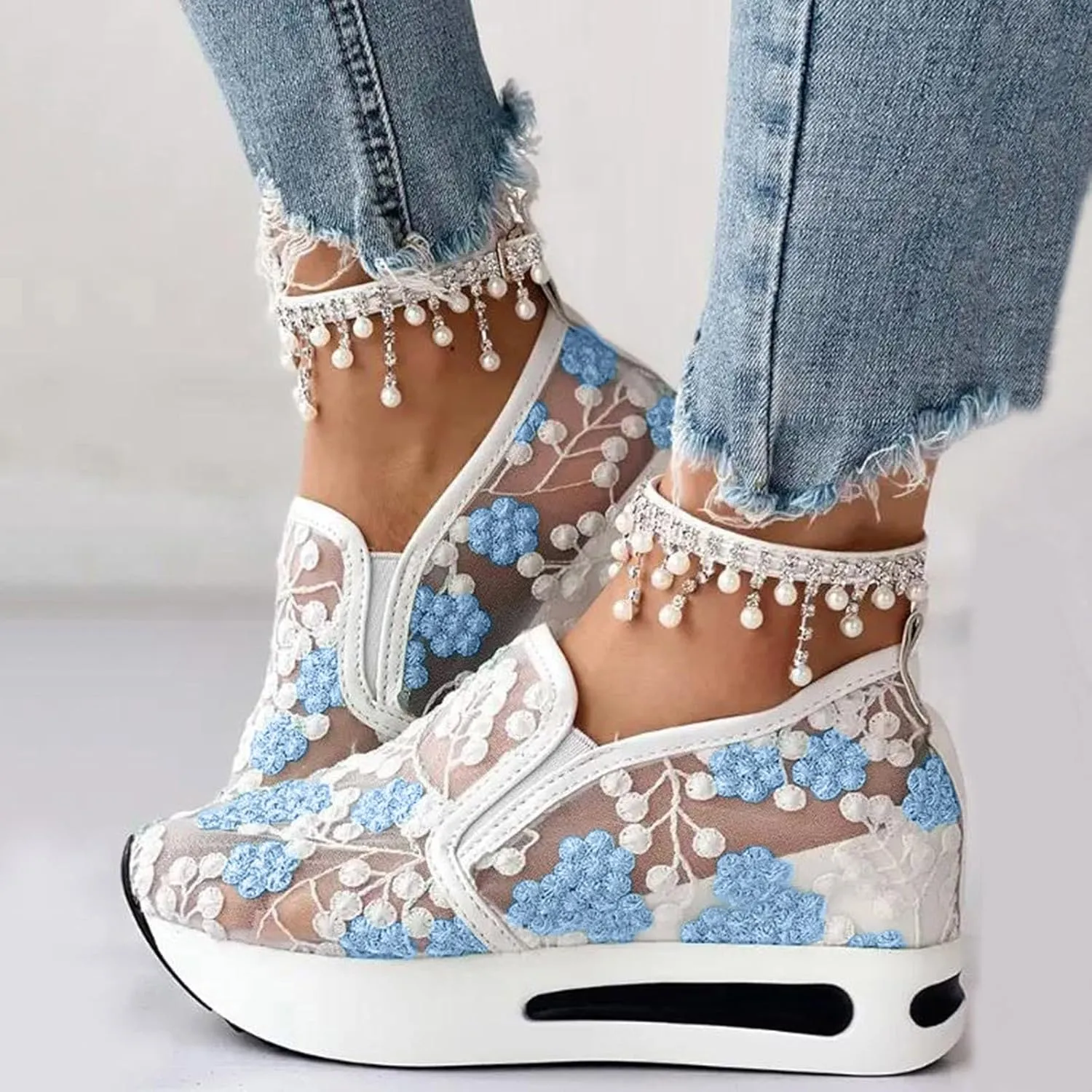 Womenyiaor Women's Fashion Sneakers Dressy Floral Embroidery Sheer Mesh Lace Sneakers Platform Wedge Sneakers for Women Slip on Walking Shoes Loafers Lace up Sneakers Casual Shoes