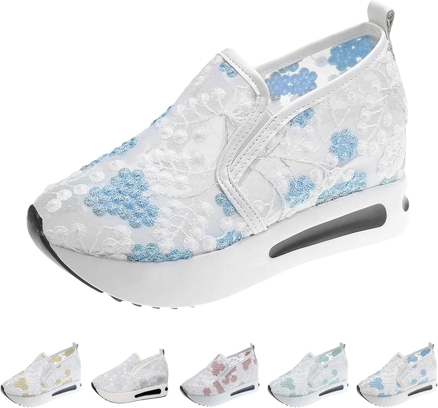 Womenyiaor Women's Fashion Sneakers Dressy Floral Embroidery Sheer Mesh Lace Sneakers Platform Wedge Sneakers for Women Slip on Walking Shoes Loafers Lace up Sneakers Casual Shoes