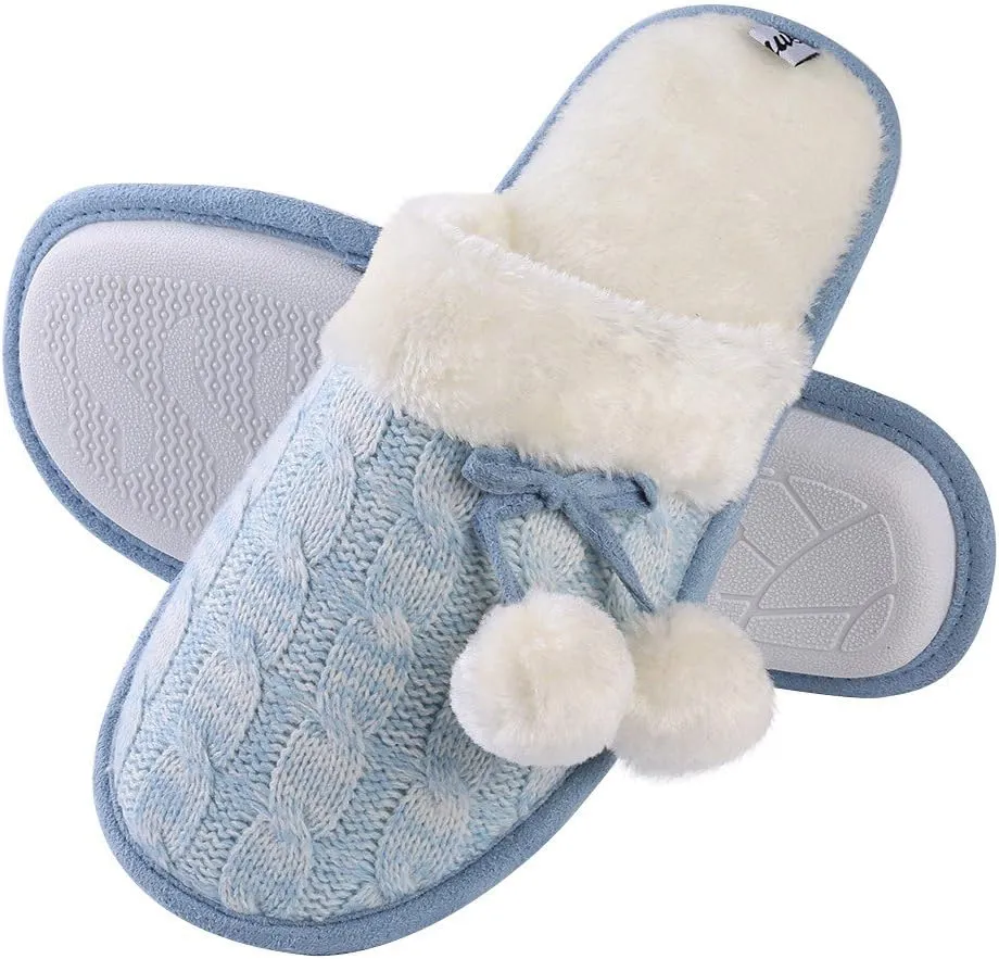 Woven Knit Slide Slippers for Women, Stylish Design with Cute Pom Poms, Plush Fleece Band & Interior, Anti Skid Rubber Sole